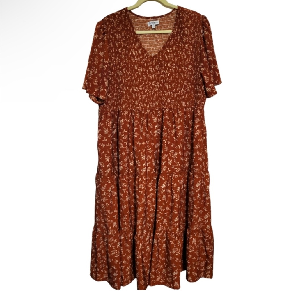 Polagram Smocked Chest Dainty Floral Elastic Waist Dress, Plus Size 3X